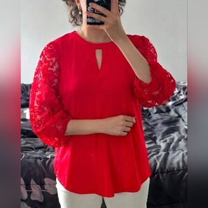 Red Lace Sleeve Women's Top